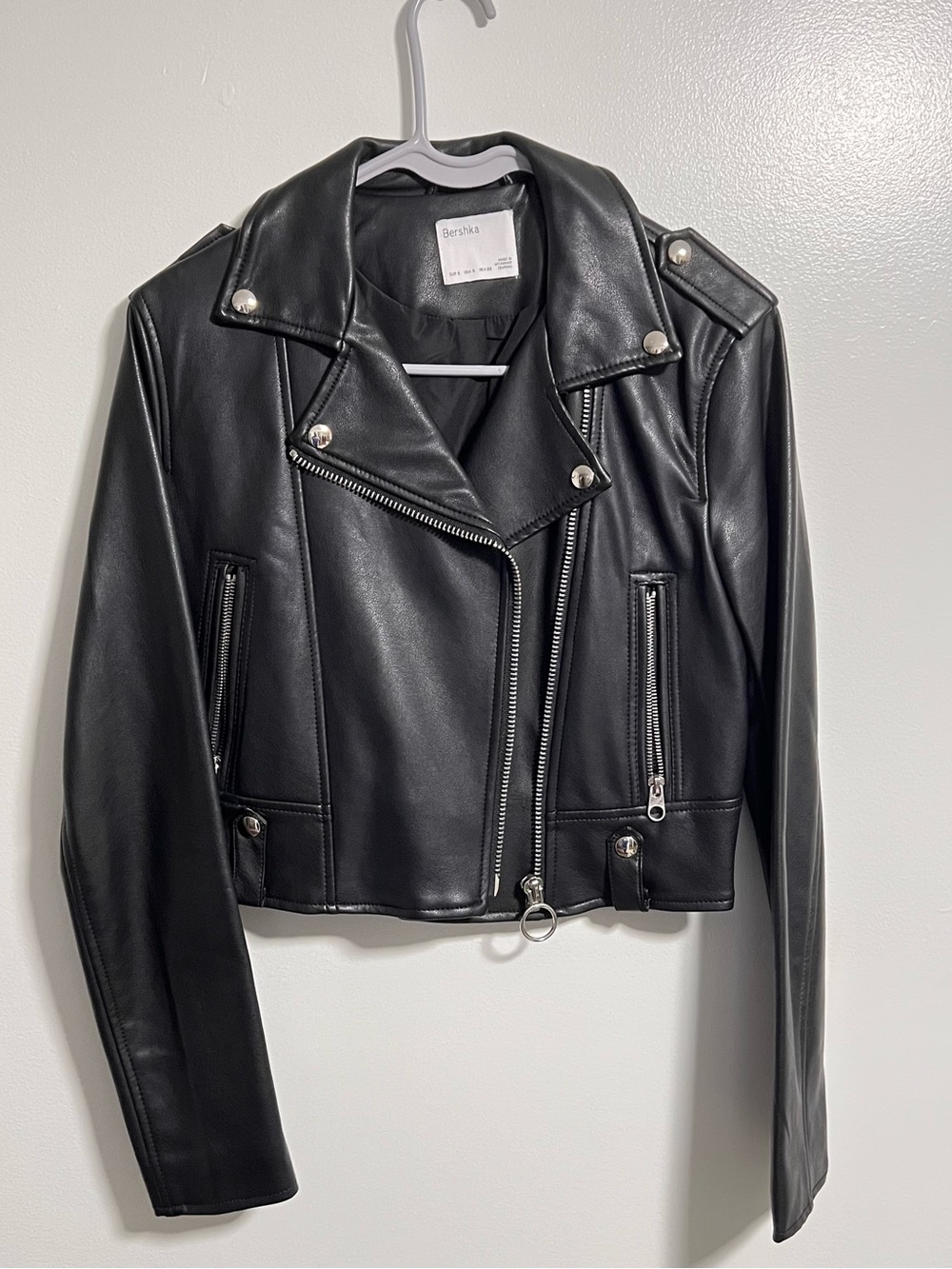 Bershka Black Faux Leather Biker Jacket with Silver Hardware